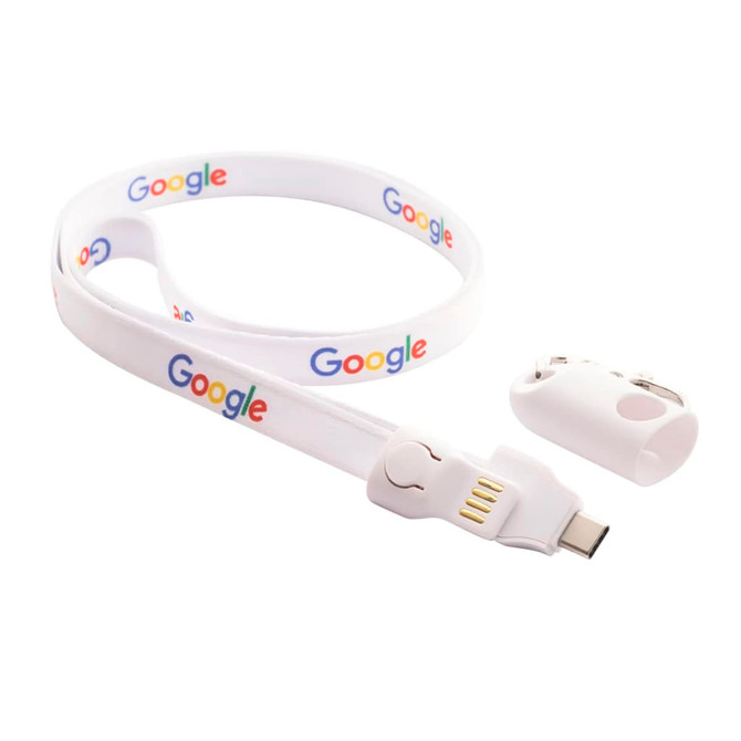 A white polyester lanyard with a branding logo, featuring a detachable charging cable in USB-C format.