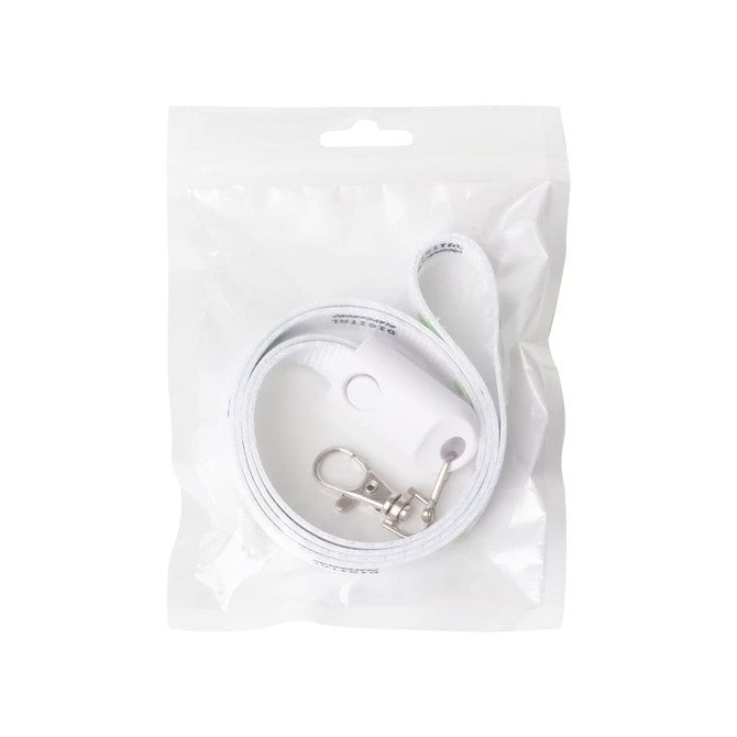 A white polyester lanyard charging cable packaged in a clear plastic bag with a silver clip and a logo.