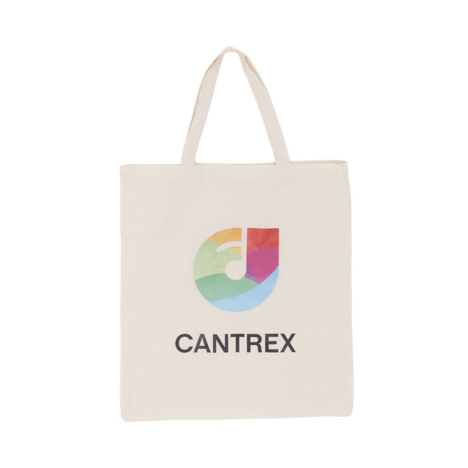 A beige calico tote bag featuring a colourful logo and a short handle.