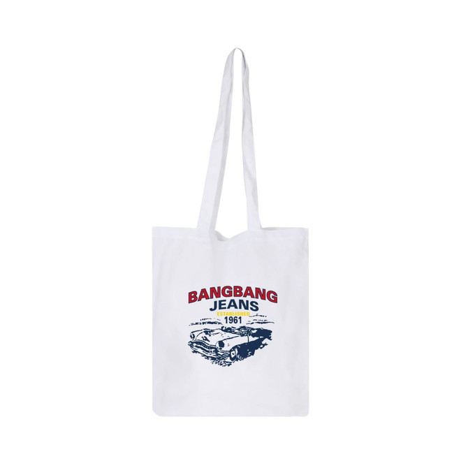 A white cotton tote bag with long handles, featuring a design and logo on the front.