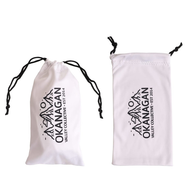 A white sunglasses pouch with a drawstring closure, featuring a logo design. Two pouches are displayed side by side.