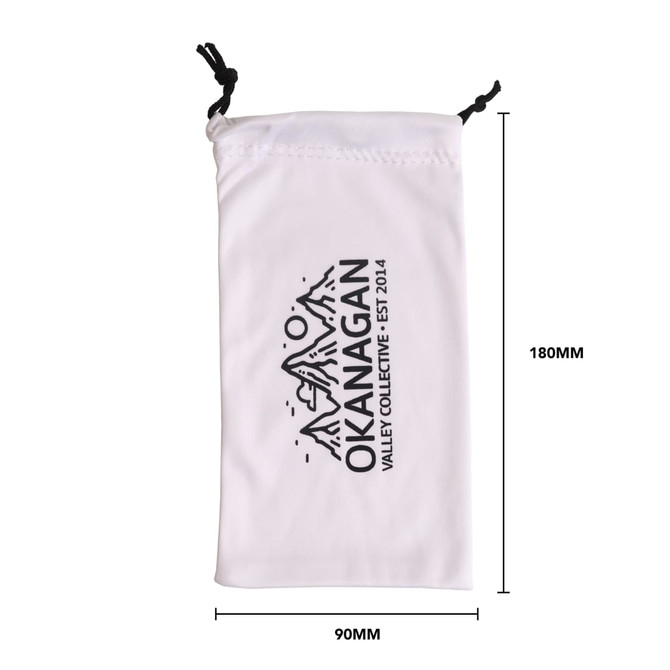 A white sunglasses pouch with a drawstring and logo, measuring 90mm by 180mm.