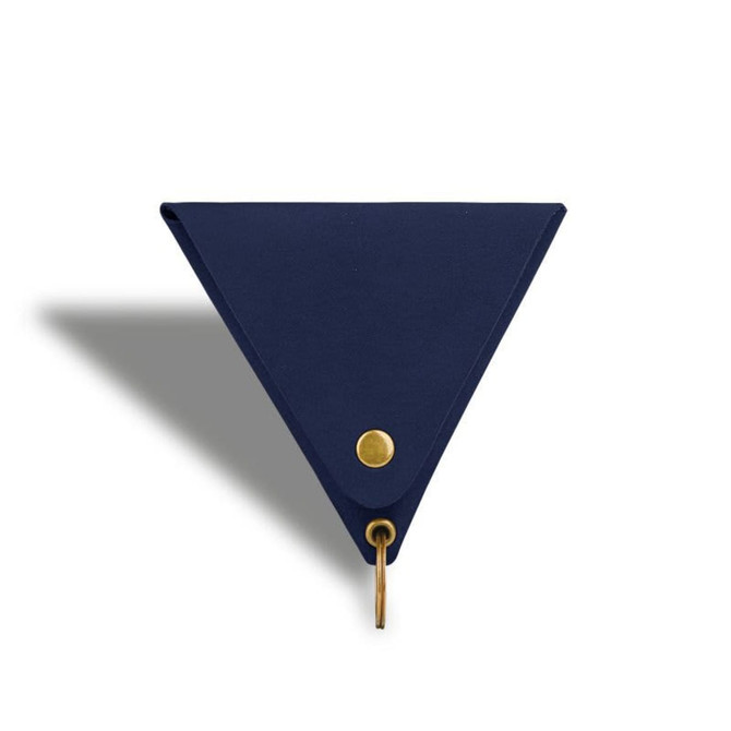 A triangular navy coin holder with a brass snap button and keyring attachment.