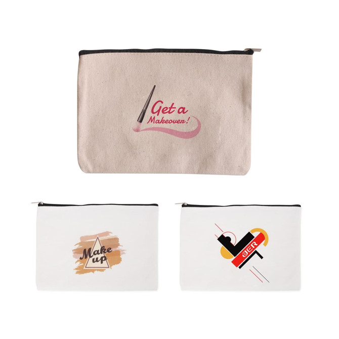 A rectangle canvas cosmetic bag in beige and white featuring design elements and a logo.