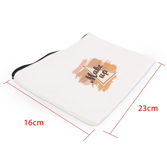 A rectangular cosmetic bag in white with a logo design, measuring 23cm by 16cm.