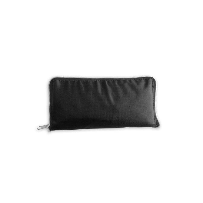 A black foldable tote bag, zipped for storage, featuring a simple design and a logo.
