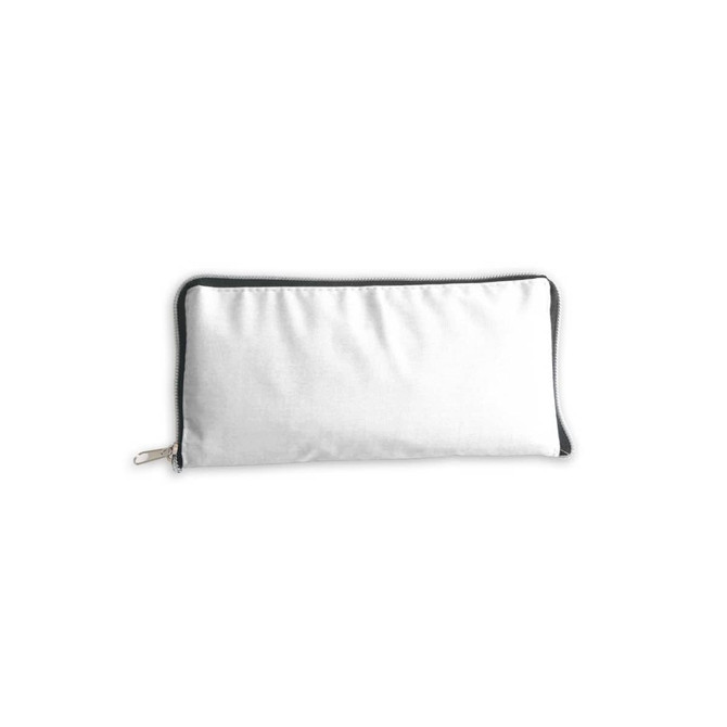 A zippered pouch in white, featuring a black zipper trim and a simple design. It has a branding logo on one side.