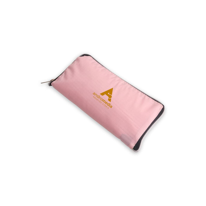 A pink foldable tote bag with a zippered closure and a logo on one side.