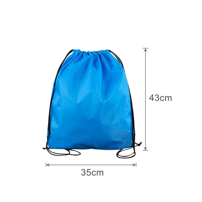 A blue drawstring bag with black cords, measuring 35cm wide and 43cm tall. It features a logo.
