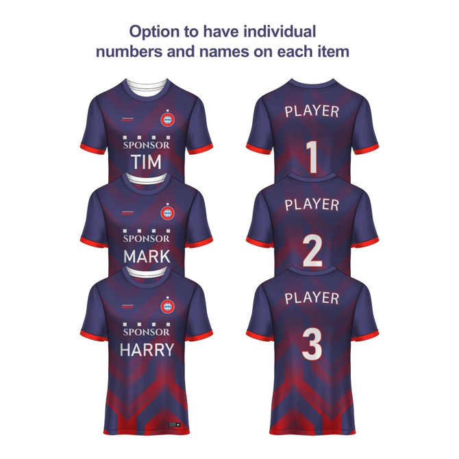A set of navy blue polo shirts featuring a chevron pattern and individual numbers and names on the back.