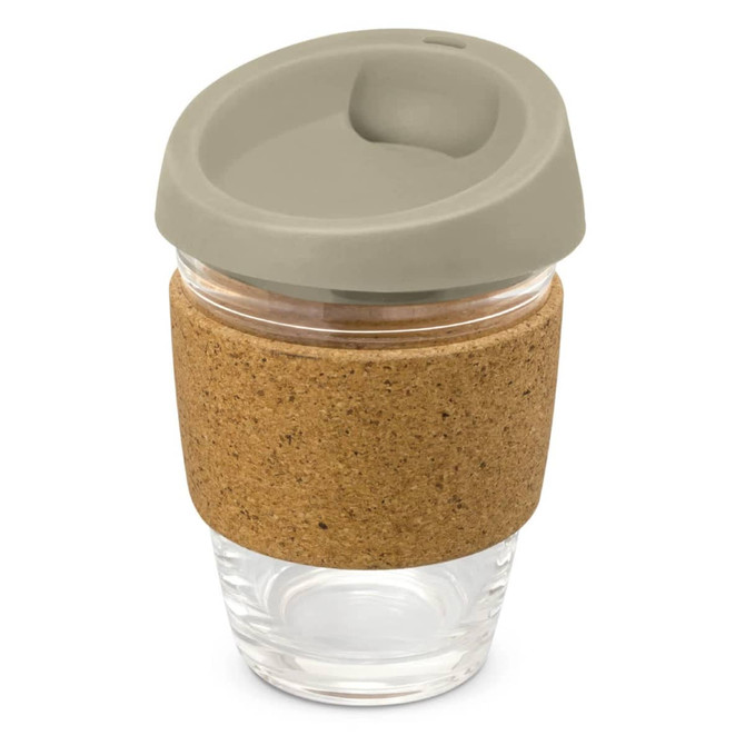 A drink bottle featuring a glass design with a cork band around the middle and a matching lid.
