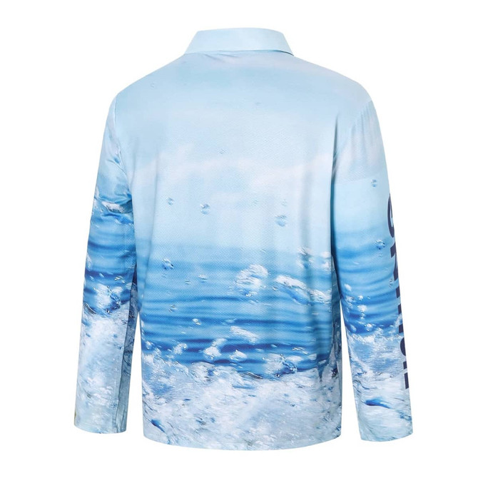 A long-sleeve polo shirt in shades of blue, featuring a water-themed sublimated design and a logo on the sleeve.