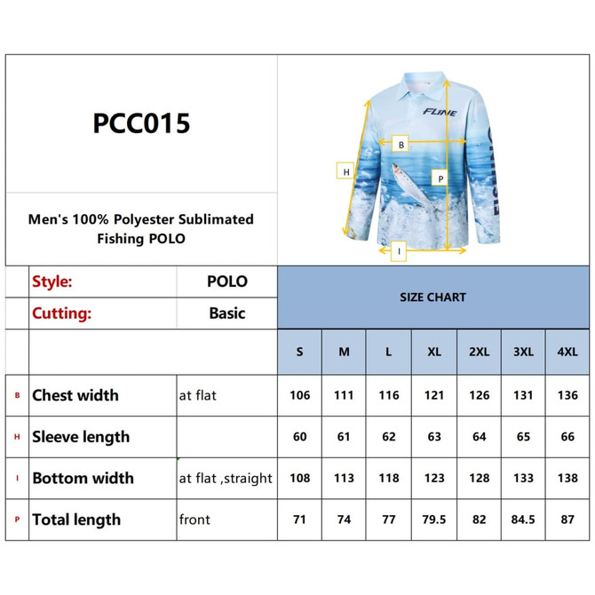 Men's full-sleeve polyester spandex fishing polo in shades of blue, featuring a logo and size chart details.