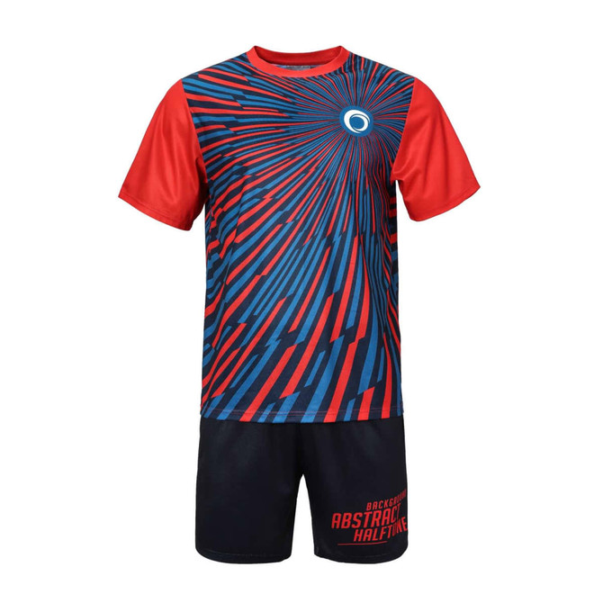A red and blue sublimated tee shirt with an abstract design, paired with black shorts and featuring a logo.