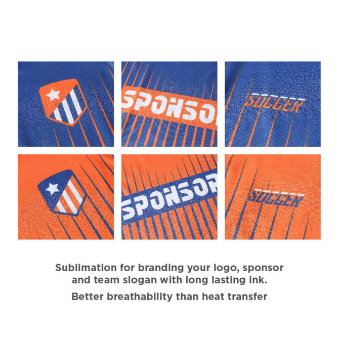 A close-up of a vibrant orange and blue polyester fabric, featuring various sublimation designs and a logo.
