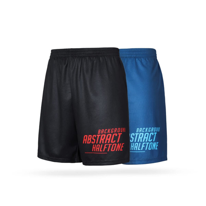 Unisex running shorts in black and blue, featuring a logo and an abstract halftone design. Made from 100% polyester.