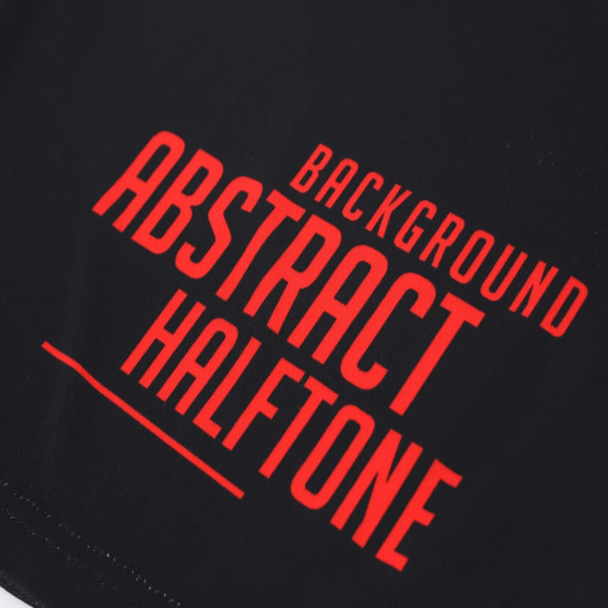 Black athletic fabric featuring an abstract halftone design in red with a logo. Suitable for running shorts.