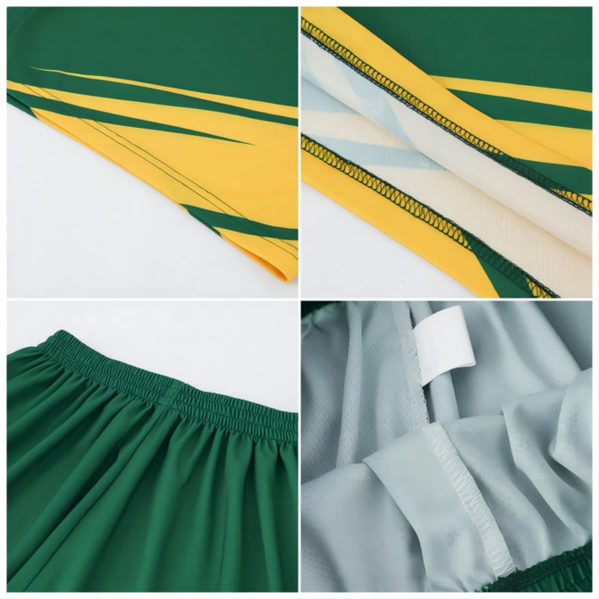 Unisex adult soccer shorts in green and yellow, featuring a logo, with a comfortable elastic waistband and inner lining.