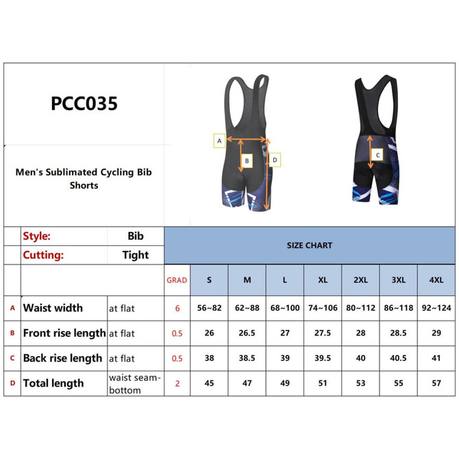 Men's cycling bib shorts in black with blue graphics. Features a size chart with measurements. Includes a logo.