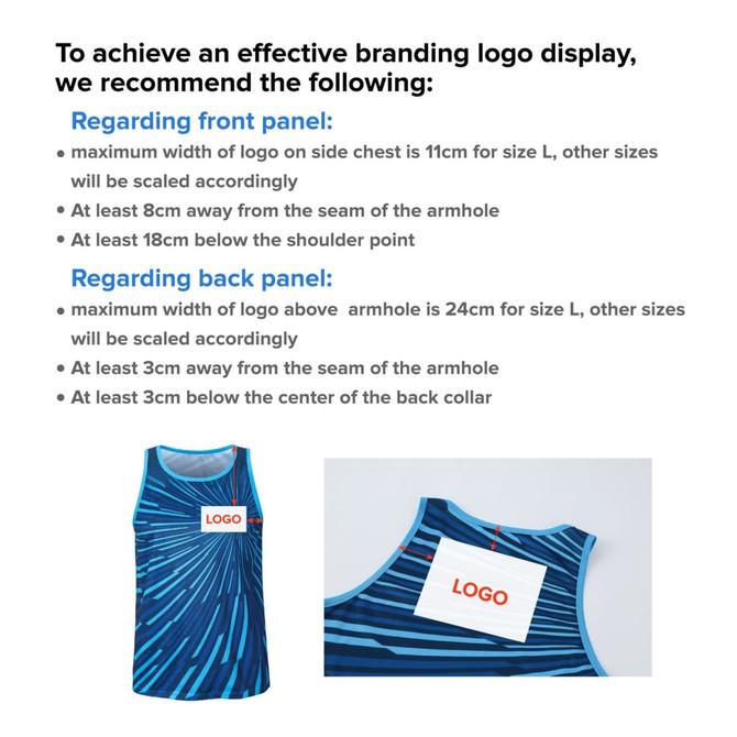 A sleeveless sports singlet in blue with a vibrant abstract design and a logo placement guide.