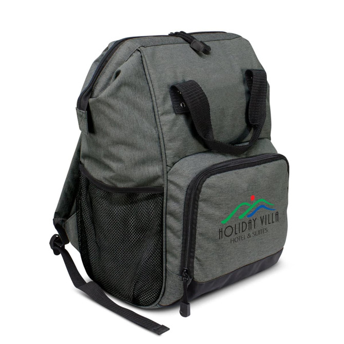 A grey backpack with a mesh pocket and handle, featuring a logo on the front.