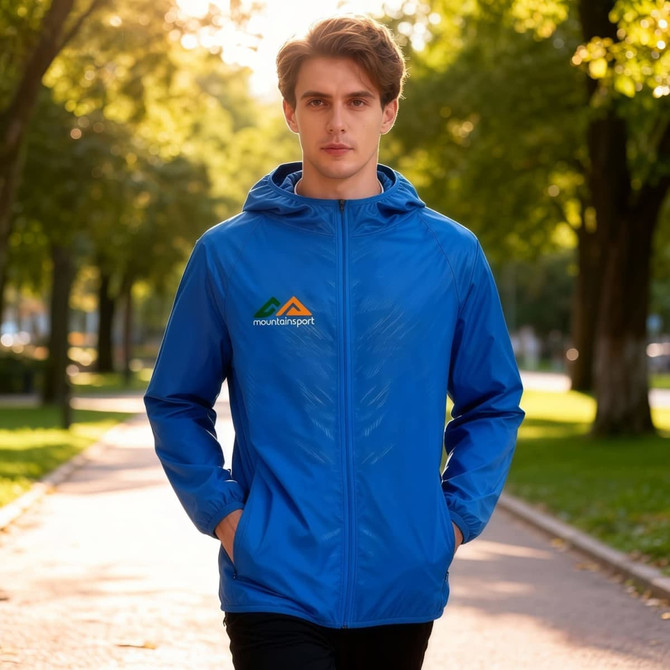 A blue unisex adult jacket made of 100% polyester, featuring a hood and a logo on the chest.