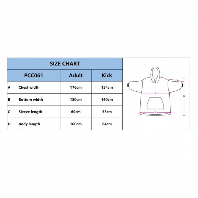 A size chart for a unisex wearable blanket, detailing measurements for adults and kids in centimetres.