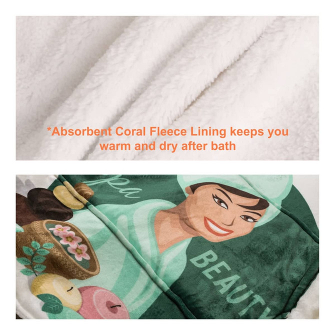 A plush, green wearable blanket featuring a design with a smiling character, made from 100% polyester with absorbent lining.
