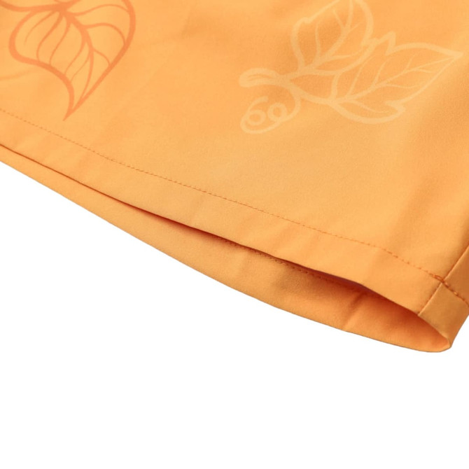 Men's swim shorts in orange polyester spandex with leaf patterns and a subtle logo on the fabric.