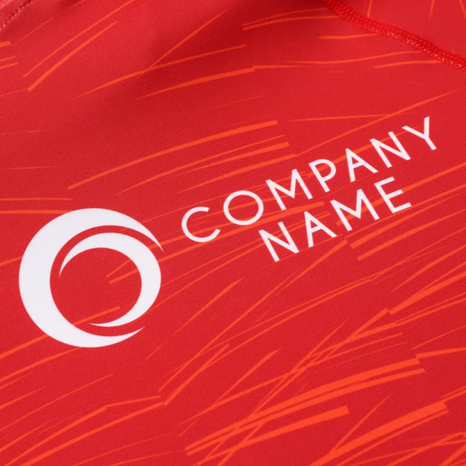 A red polyester spandex hoodie featuring a logo, designed for sun protection and sports use.