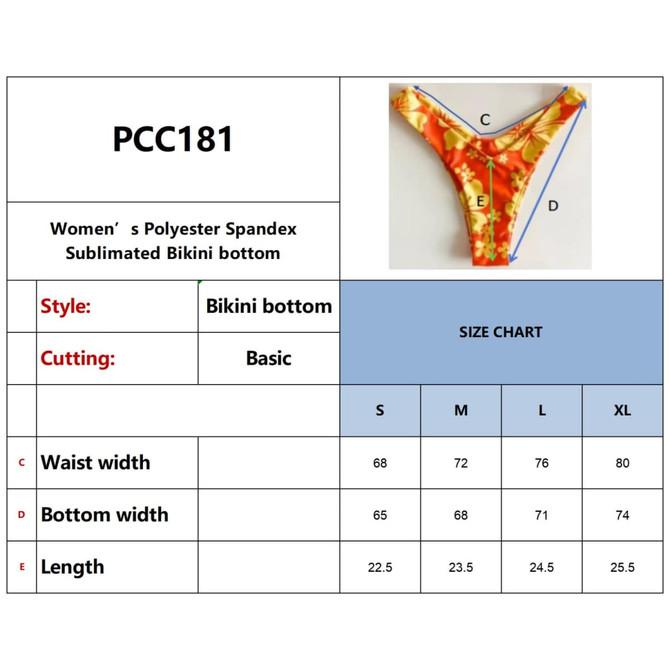 A bikini bottom featuring a vibrant floral design in orange and yellow, made from polyester spandex, with a logo.