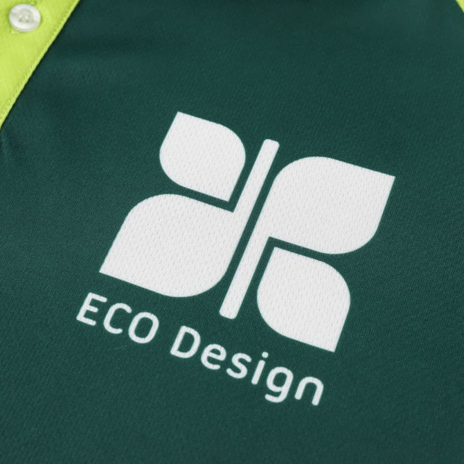 A green and lime unisex polo shirt with a logo featuring a leaf design.