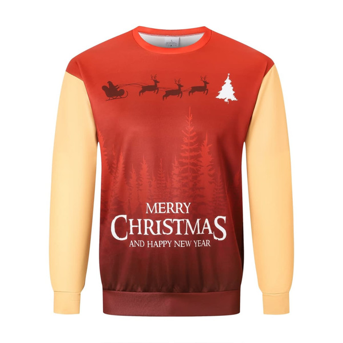 A red and yellow unisex Christmas sweatshirt featuring festive graphics and a logo.