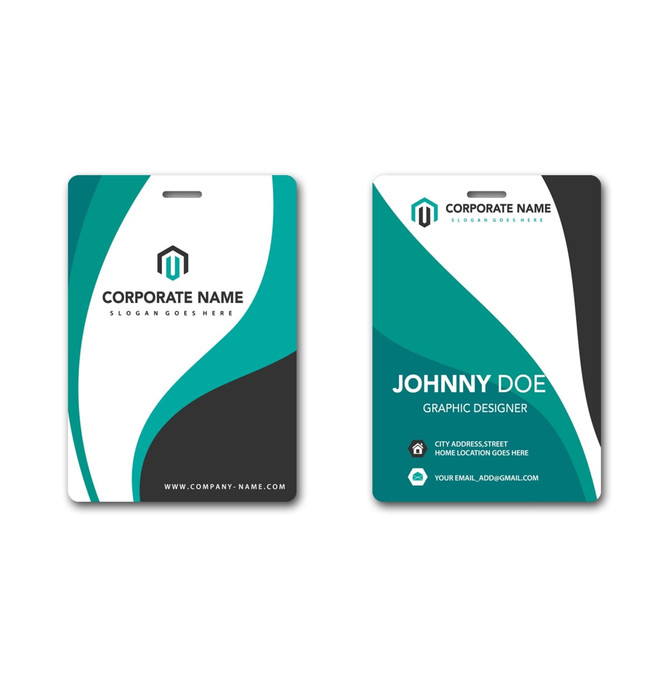 A small, unique name tag in teal and black featuring a logo, with space for a name and contact details.