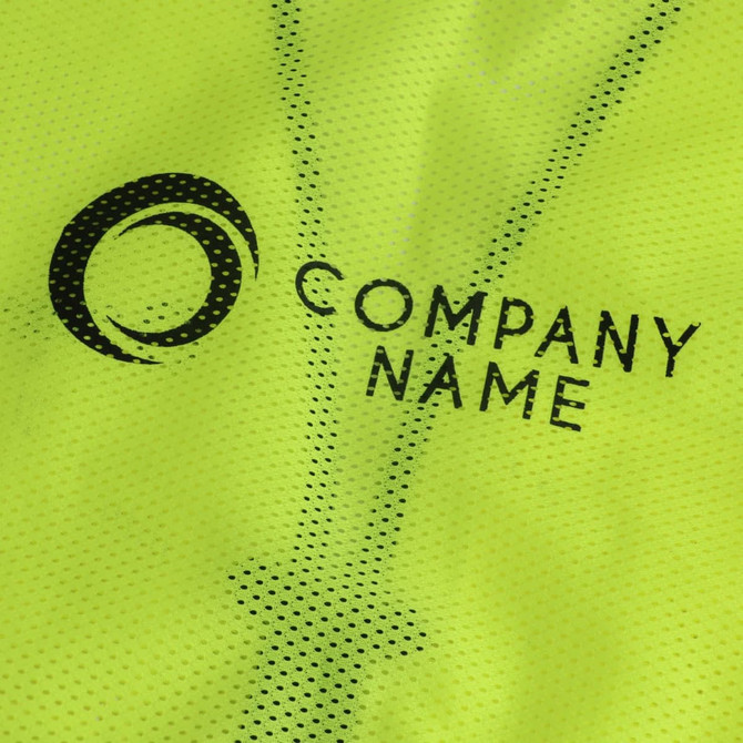 A bright yellow hi-vis vest with reflective tapes and functional pockets, featuring a company logo.