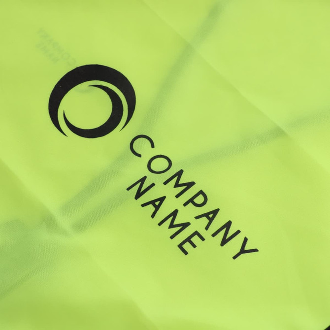 A bright yellow hi-vis vest featuring horizontal reflective tape and a logo.