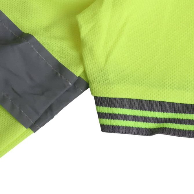 A bright yellow reflective polo shirt featuring grey accents and striped details on the sleeves. It has a logo.