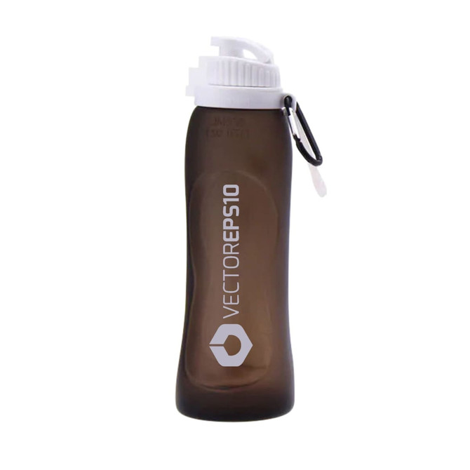 A drink bottle made of dark brown silicone with a white cap and a carabiner attachment. Features a logo.