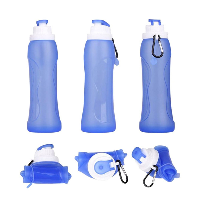 A blue collapsible silicone drink bottle with a cap and a carabiner, featuring three different angles.