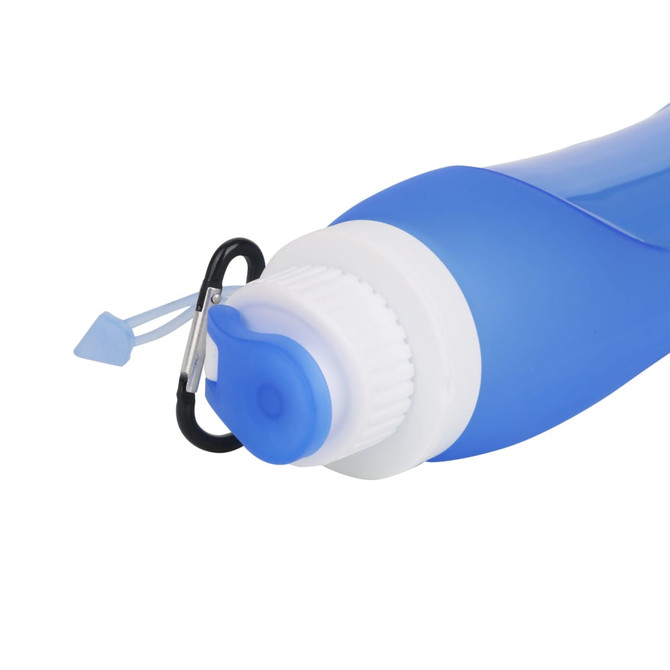 A blue collapsible silicone drink bottle with a white cap and a clip attachment for easy carrying.