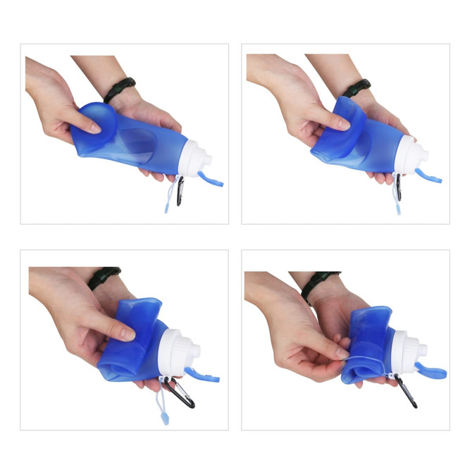 A collapsible 500ml silicone drink bottle in blue, featuring a logo, shown in various stages of use.