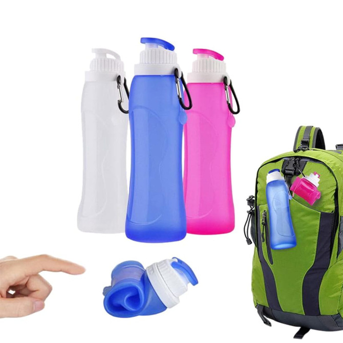 A drink bottle set featuring a white, blue, and pink collapsible silicone design with a logo and carabiner.