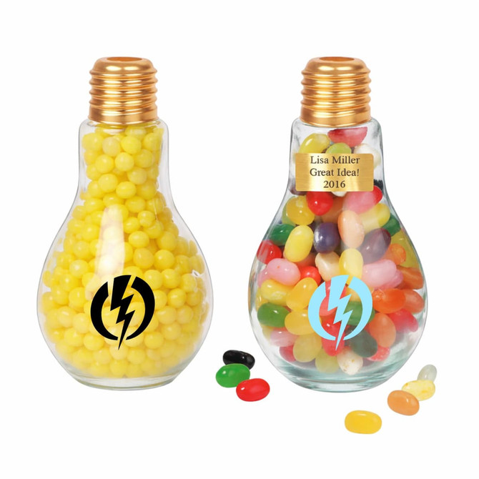 A drink bottle shaped like a bulb, featuring a gold lid and filled with colourful jelly beans and yellow candies.