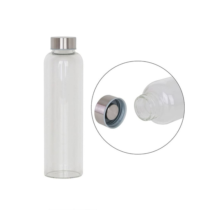 A drink bottle made of clear glass with a stainless steel lid. Features a close-up of the lid and opening.