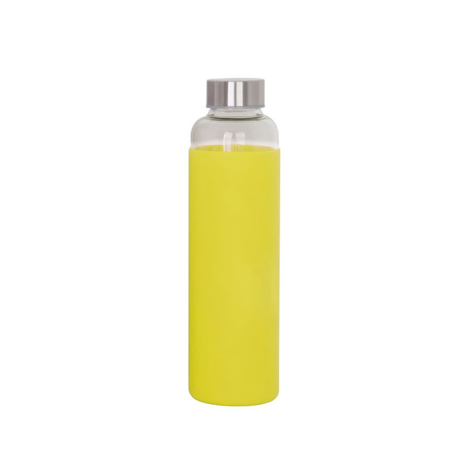 A drink bottle featuring a clear glass body with a bright yellow silicone sleeve and a stainless steel lid.