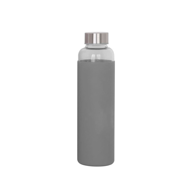 A drink bottle with a transparent glass body and a grey silicone sleeve, featuring a stainless steel lid.