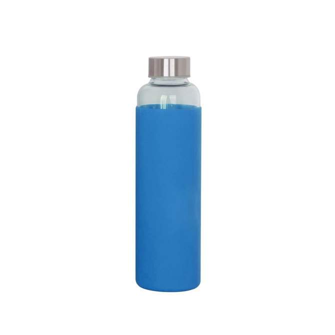 A drink bottle made of glass with a blue silicone sleeve and a stainless steel lid. It has a logo on the side.