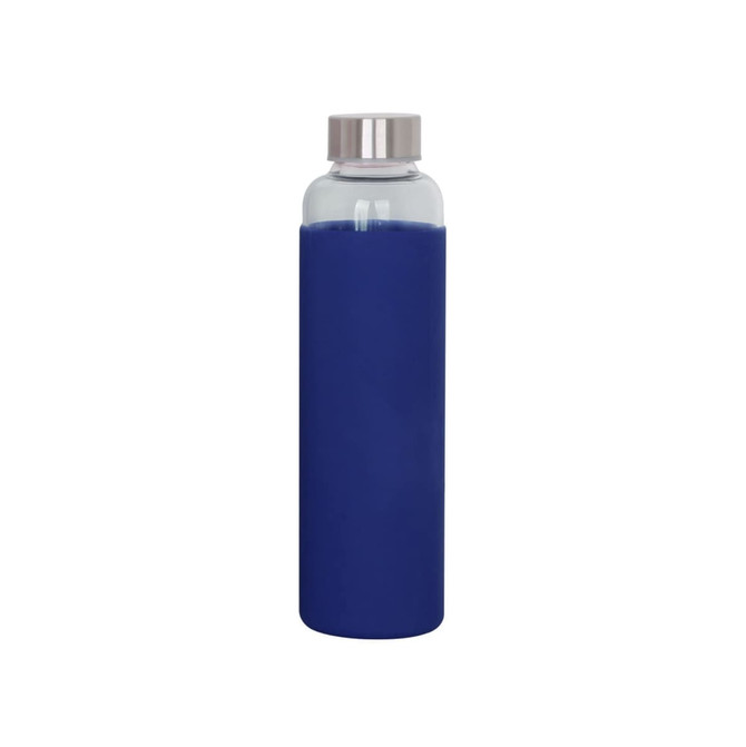 A drink bottle featuring a blue silicone sleeve and a stainless steel lid, with a clear glass body.