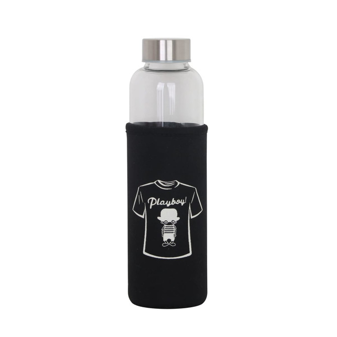 A drink bottle with a clear glass body, stainless steel lid, and black sleeve featuring a graphic design.