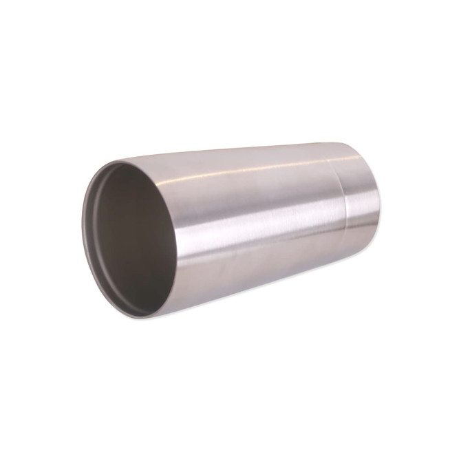 A drink bottle featuring a brushed stainless steel design, cylindrical shape, and a smooth interior.